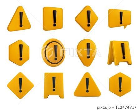 Yellow 3D warning sign. Hazard symbols with exclamation points, safety caution and attention alert icons realistic render vector illustration set 112474717