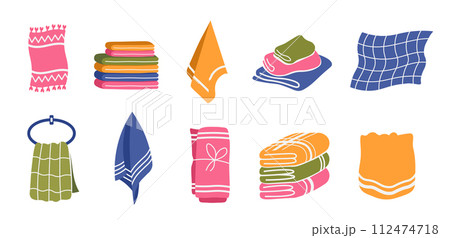 Household towel silhouettes. Fresh soft clothes of different colors for kitchen and bathroom. Fluffy fabric for face, hand and body 112474718