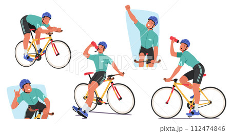 Sportsman Cyclist Character With Determination Etched On His Face, Rides His Bike, Drink Water, Relax, Raising A Fist 112474846