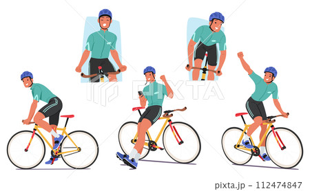 Determined Cyclist Pedals Bike, Eyes Focused, Hands Grip Handlebars, Expressing Control. Athlete Exhibits Strength 112474847
