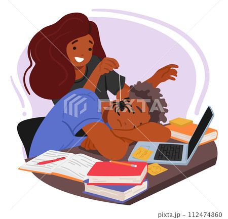 On April Fools Day, A Woman Character Cleverly Places A Realistic Fake Spider On Her Sleeping Friend Face 112474860