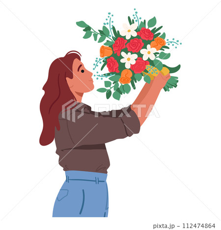 Young Woman Gracefully Holds Vibrant Bouquet, Eyes Gleaming With Joy, As The Flowers Colors Complement Her Radiant Smile 112474864