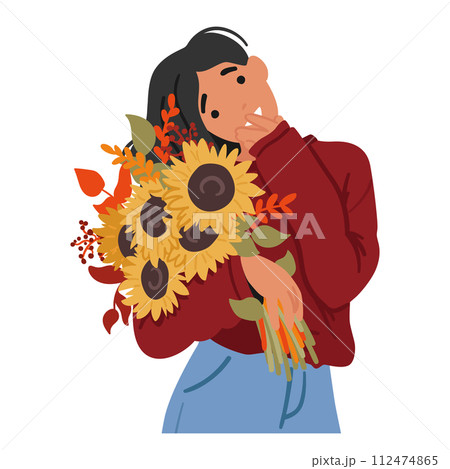 Radiant Young Woman Character Cradles A Vibrant Bouquet Of Sunflowers, Their Golden Petals Echoing Her Joy 112474865