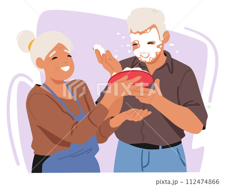 On April Fools Day, Senior Woman Character Hilariously Surprises Her Husband By Playfully Throwing A Cake In His Face 112474866