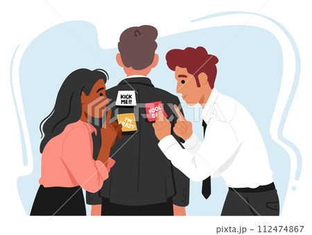 April Fools Day, Colleagues Characters Stealthily Covered A Man Back With Sticky Notes, Cartoon Vector Illustration 112474867