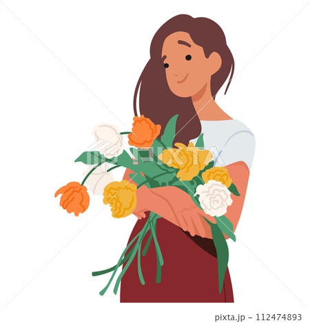 Woman Cradles A Vibrant Bouquet with Orange, Yellow and white Petals, Her Eyes Bloom With Joy, A Garden In Her Hands Woman Cradles A Vibrant Bouquet with Orange, Yellow and white Petals, Her Eyes Bloom With Joy, A Garden In Her Hands 112474893