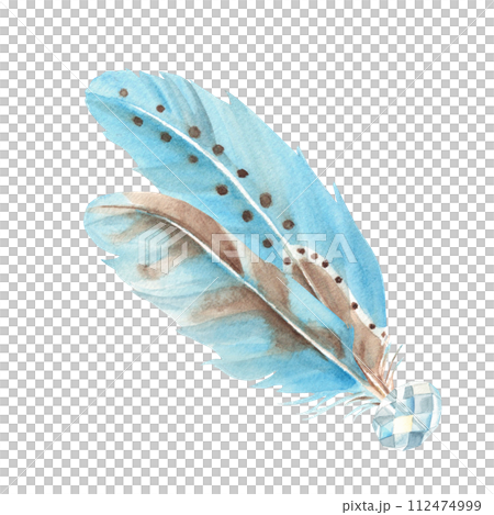 Watercolor composition from blue feathers and crystal isolated on white background. Hand drawn illustration. Design element for decoration, dream catcher, cards and textile prints. 112474999