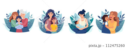 Set of illustration for Mothers Day, concept of happy motherhood, women with kids. Colorful vector illustrations in cartoon flat style. Set of illustration for Mothers Day, concept of happy motherhood, women with kids. Colorful vector illustrations in cartoon flat style. 112475260