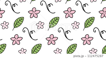 Tropical plants seamless pattern. Leaves and flowers. Hand drawn doodles isolated on white background. Colored vector design in cartoon style for fabric, scrapbooking or packaging. 112475287