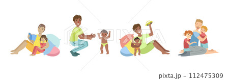 Man Father and Kid Spend Good Time Together Vector Set 112475309