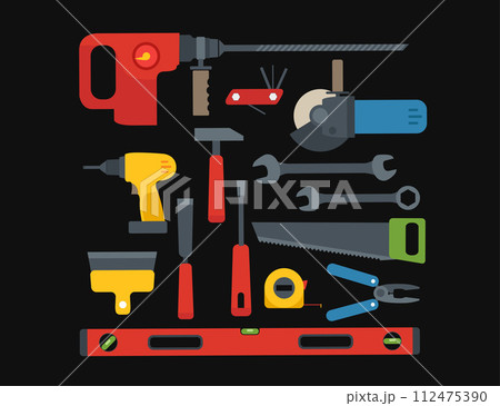 Different construction tools. Vector clipart on black background 112475390