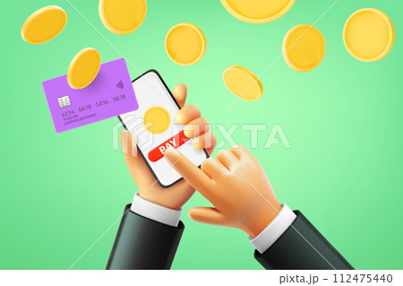 Man making payment via smartphone. 3d vector illustration 112475440