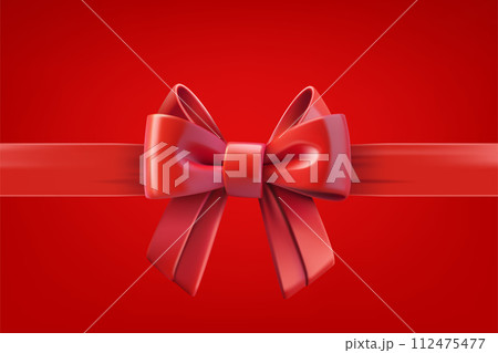 Red ribbon with bow on red background. 3d vector design template 112475477