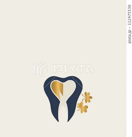 AI-generated content. Dentistry Mockup St Patrick Holiday. Blue Healthy Tooth With Golden Shamrocks Plant Flower On Beige Background. Copy Space for Text. Fortune. Vertical Design. Minimal Ai 112475530