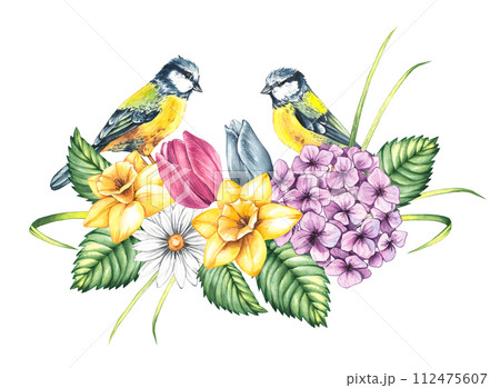 Watercolor spring birds with hydrangea, daffodil and tulip 112475607