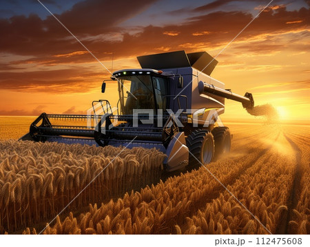 AI-generated content. A combine machine expertly harvesting a field of wheat as the sun sets in the background. AI-generated content. A combine machine expertly harvesting a field of wheat as the sun sets in the background. 112475608