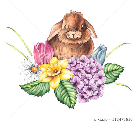Watercolor spring cute bunny with hydrangea, daffodil and tulip 112475610