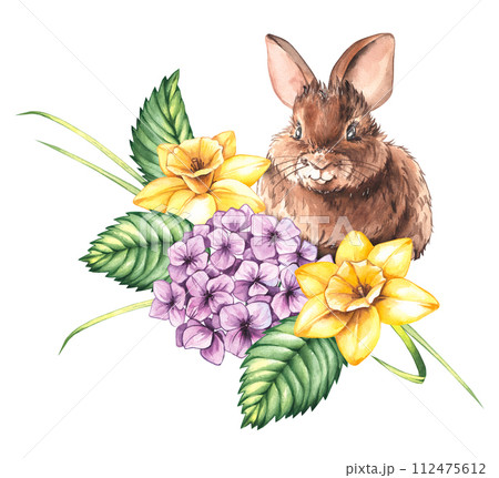 Watercolor spring cute bunny with hydrangea, daffodil and tulip 112475612