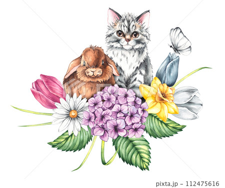 Watercolor spring cute rabbit and kitten with...のイラスト素材 