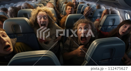 AI-generated content. A group of passengers on an airplane with their mouths open, reacting to an emergency situation. 112475627