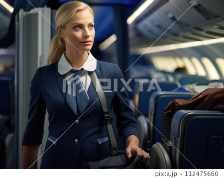 AI-generated content. A stewardess stands confidently on the plane, wearing a suit and exhibiting professionalism. 112475660