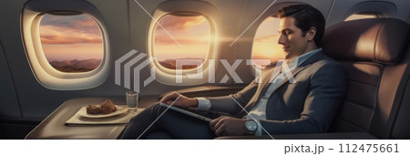 AI-generated content. A male businessman sitting in a seat on an airplane. 112475661