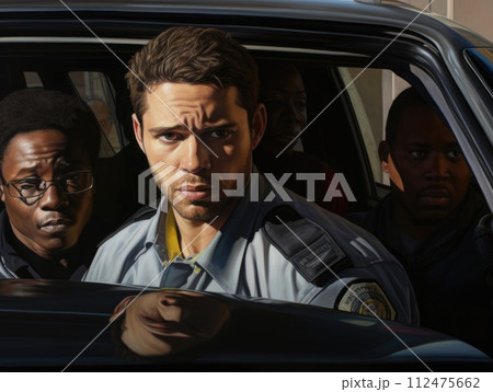 AI-generated content. A police officer in a uniform sitting inside a car, fulfilling their duty of watching over detainees. 112475662