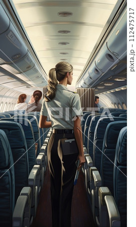 AI-generated content. A stewardess walks down the aisle of an airplane. 112475717