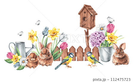 Spring watercolor illustration with flowers, cute bunnies and birds isolated 112475723