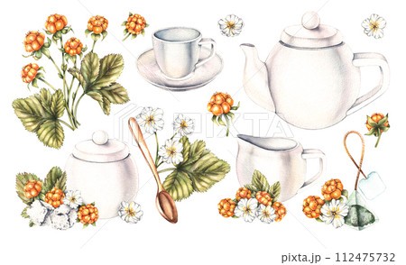 Watercolor white tea set, tea bags, sugar and cloudberries isolated on white Watercolor white tea set, tea bags, sugar and cloudberries isolated on white 112475732