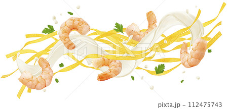 Fettuccine pasta with shrimps and cream sauce isolated on white background with clipping path 112475743