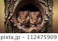 AI-generated content. Two adorable hazel dormouse looking out of a tree hole, Close Up 112475909