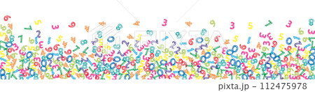 Falling colorful sketch numbers. Math study concept with flying digits. Splendid back to school mathematics banner on white background. Falling numbers illustration. 112475978