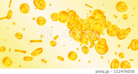 Japanese yen coins falling. Scattered gold JPY 112476030
