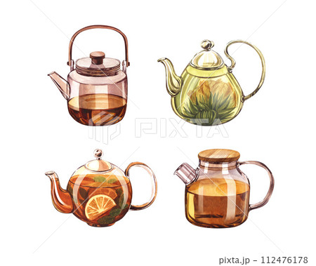 Set glass teapot with infuser and flowering tea, with lemon and citrus. Watercolor hand-drawn illustration isolated on white background. Perfect for recipe lists with drinks, brochures for cafe. 112476178