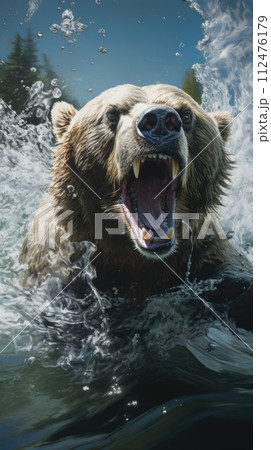 AI-generated content. A large brown bear is swimming in a body of water. 112476179