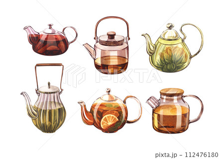 Set glass teapot with infuser and flowering tea, with lemon and citrus. Watercolor hand-drawn illustration isolated on white background. Perfect for recipe lists with drinks, brochures for cafe. 112476180