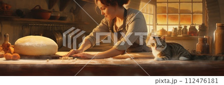 AI-generated content. A housewife is seen in the kitchen, actively preparing food with the company of her playful cat. 112476181