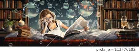 AI-generated content. A girl is seen relaxing in a library, immersed in a book she is reading. 112476182