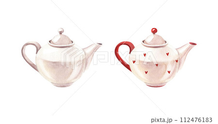 Two porcelain ceramic white teapot for tea with red hearts. Watercolor hand-drawn illustration isolated on white background. Perfect for recipe lists with drinks, brochures for cafe. Side view 112476183