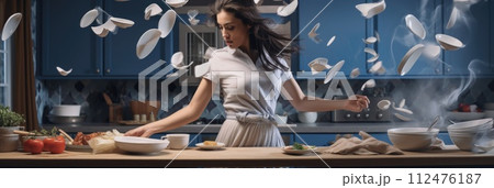 AI-generated content. A woman in hysterics stands in a kitchen as she prepares food. 112476187