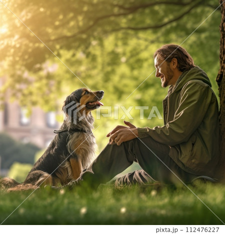 AI-generated content. A man is seen sitting next to a dog in a park, enjoying the outdoors. 112476227