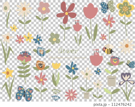 かわいい手描きの花の素材セット かわいい手描きの花の素材セット 112476242