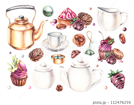 Watercolor white tea set, tea bags, sugar, sweets, chocolate, desserts, cupcakes, strawberry tartlet, chocolate covered strawberries 112476259