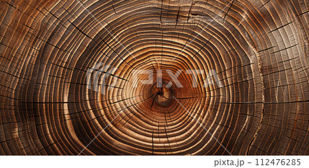 Photorealistic image of a tree cut. Tree rings. Wood texture 112476285