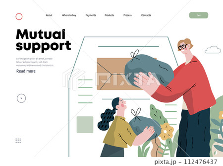 Mutual Support Giving clothes to donation bins -modern flat vector concept illustration of people placing bags of clothes into drop-off box A metaphor of voluntary, collaborative exchanges of resource 112476437