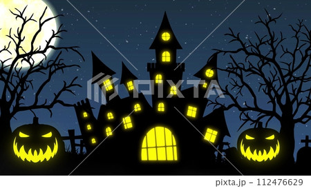 Halloween background animation with the concept of Haunted Castle, Moon and Spooky Trees. 3d illustration 112476629