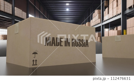 Boxes with MADE IN RUSSIA text on conveyor. 3d illustration Boxes with MADE IN RUSSIA text on conveyor. 3d illustration 112476631