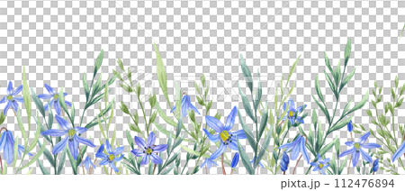 Scilla flowers and wild herbs. Spring meadow, garden plants. Watercolor horizontal seamless banner. Copy space for text. Illustration for the design of birthday, wedding postcards, invitations Scilla flowers and wild herbs. Spring meadow, garden plants. Watercolor horizontal seamless banner. Copy space for text. Illustration for the design of birthday, wedding postcards, invitations 112476894