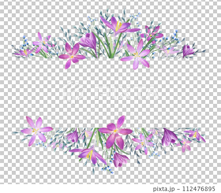 Crocus flowers and wild herbs. Saffron and spring meadow, garden plants. Blue, violet flowers. Horizontal frame with copy space for text. Watercolor illustration for postcards, invitations Crocus flowers and wild herbs. Saffron and spring meadow, garden plants. Blue, violet flowers. Horizontal frame with copy space for text. Watercolor illustration for postcards, invitations 112476895